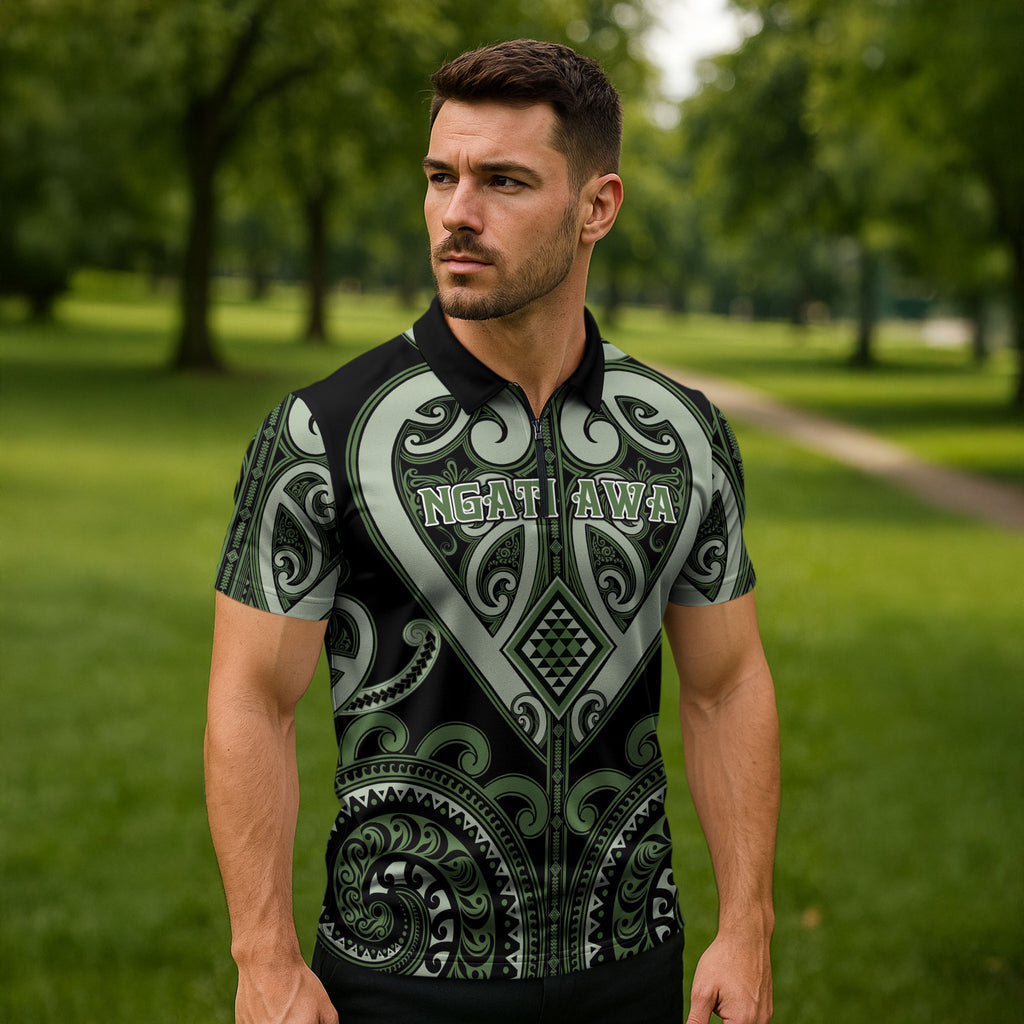 Custom Aotearoa Ngati Awa Zipper Polo Shirt Maori Tribal Pattern