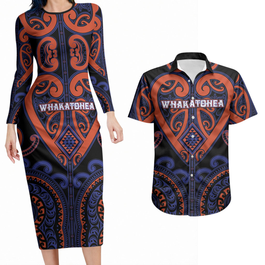Custom Aotearoa Whakatohea Couples Matching Long Sleeve Bodycon Dress and Hawaiian Shirt Maori Tribal Pattern
