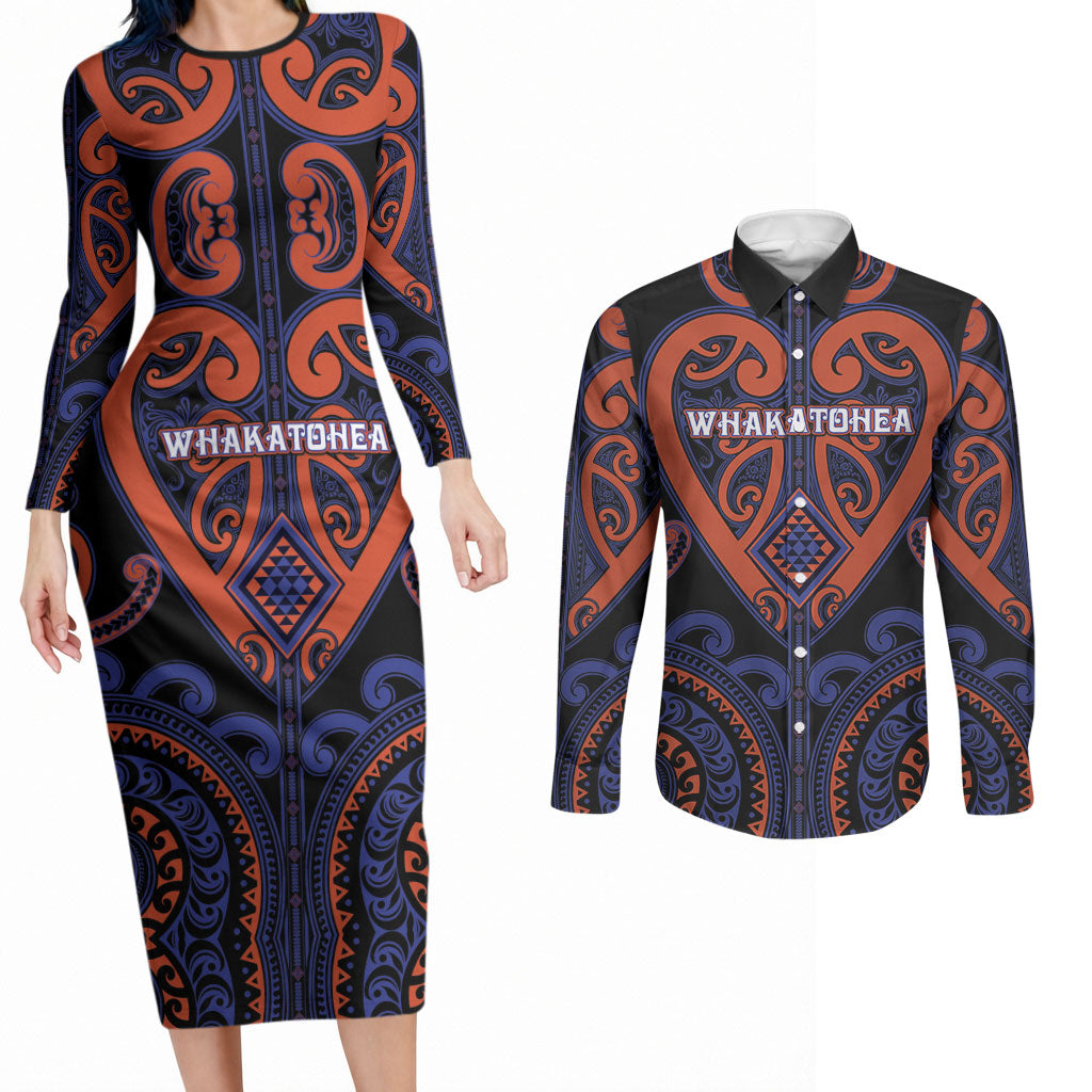 Custom Aotearoa Whakatohea Couples Matching Long Sleeve Bodycon Dress and Long Sleeve Button Shirt Maori Tribal Pattern