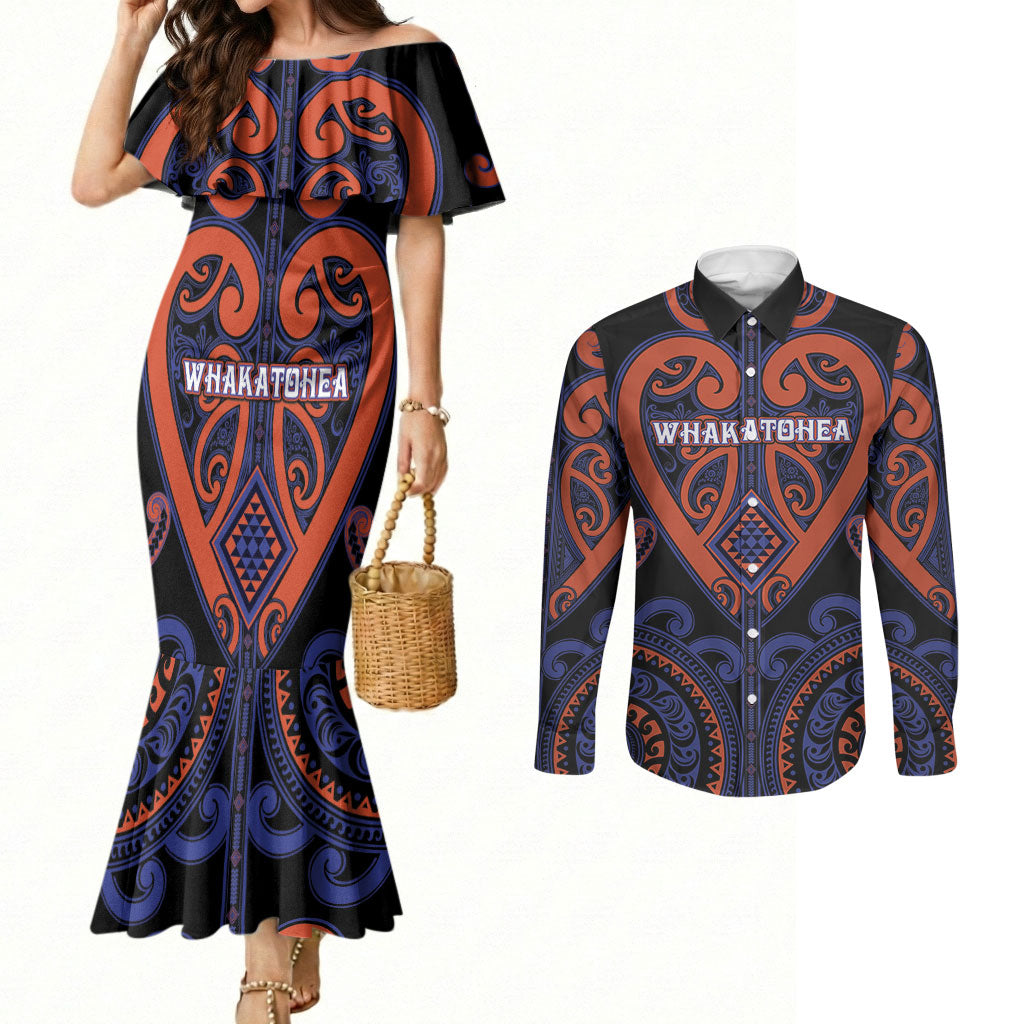 Custom Aotearoa Whakatohea Couples Matching Mermaid Dress and Long Sleeve Button Shirt Maori Tribal Pattern
