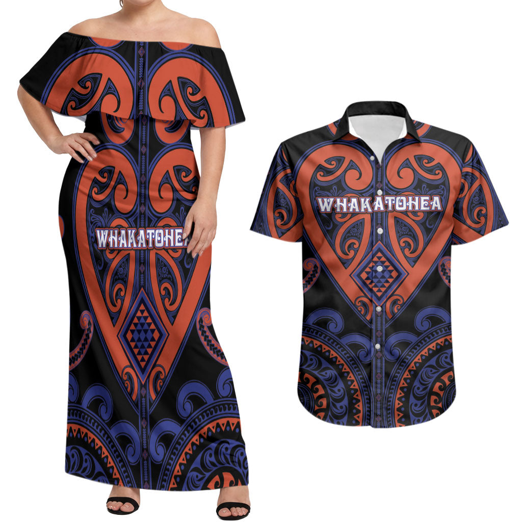 Custom Aotearoa Whakatohea Couples Matching Off Shoulder Maxi Dress and Hawaiian Shirt Maori Tribal Pattern