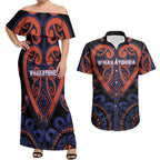 Custom Aotearoa Whakatohea Couples Matching Off Shoulder Maxi Dress and Hawaiian Shirt Maori Tribal Pattern