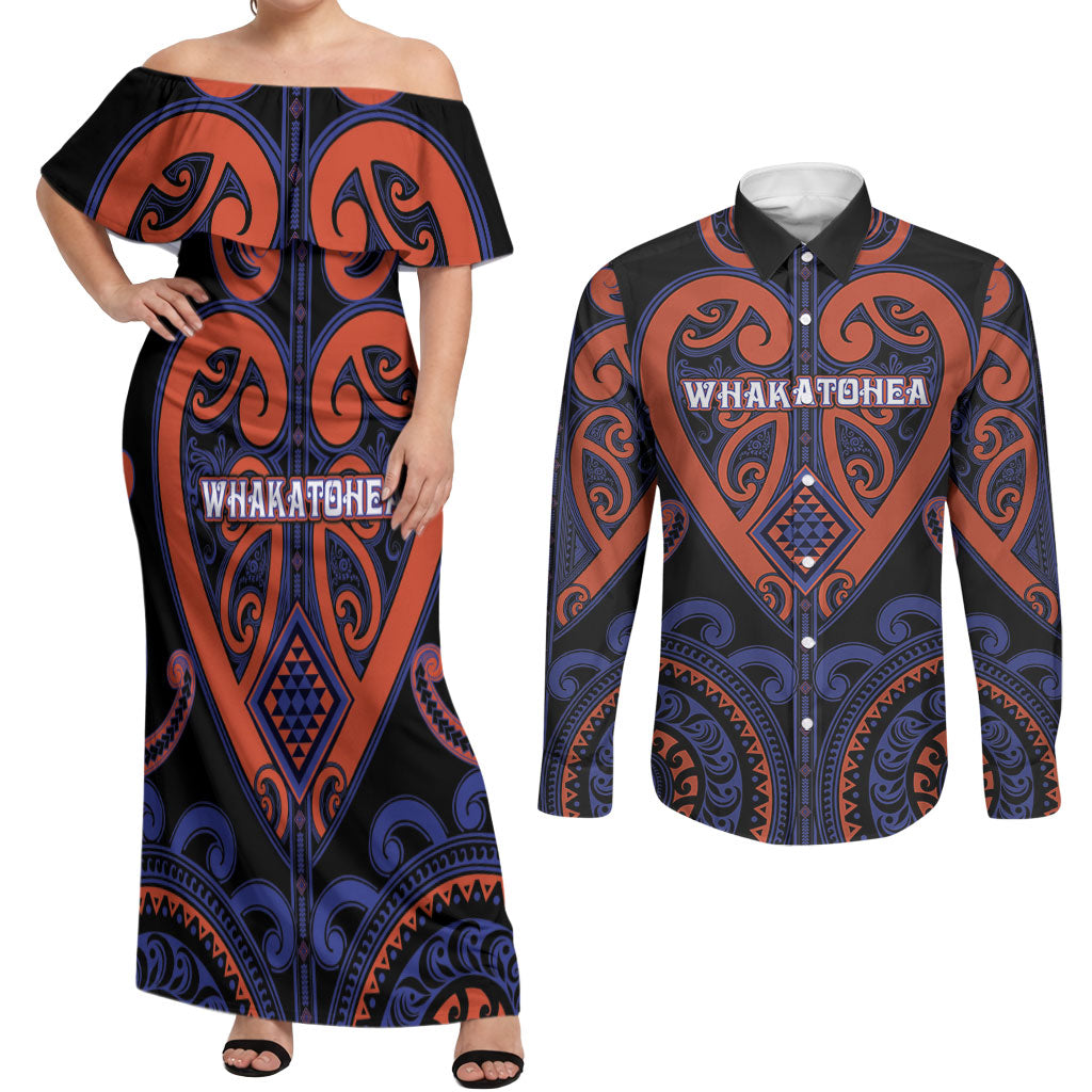 Custom Aotearoa Whakatohea Couples Matching Off Shoulder Maxi Dress and Long Sleeve Button Shirt Maori Tribal Pattern