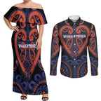 Custom Aotearoa Whakatohea Couples Matching Off Shoulder Maxi Dress and Long Sleeve Button Shirt Maori Tribal Pattern