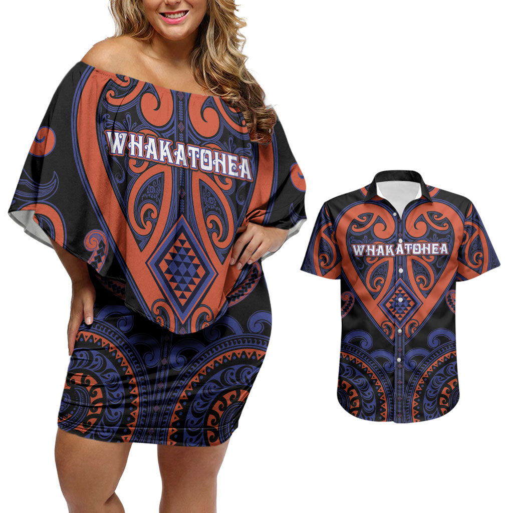 Custom Aotearoa Whakatohea Couples Matching Off Shoulder Short Dress and Hawaiian Shirt Maori Tribal Pattern