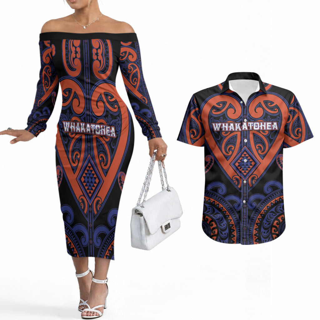 Custom Aotearoa Whakatohea Couples Matching Off The Shoulder Long Sleeve Dress and Hawaiian Shirt Maori Tribal Pattern