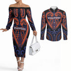 Custom Aotearoa Whakatohea Couples Matching Off The Shoulder Long Sleeve Dress and Long Sleeve Button Shirt Maori Tribal Pattern