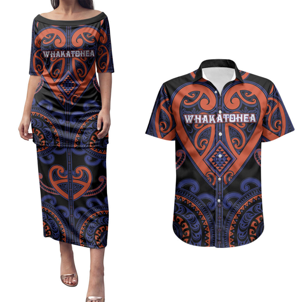 Custom Aotearoa Whakatohea Couples Matching Puletasi and Hawaiian Shirt Maori Tribal Pattern