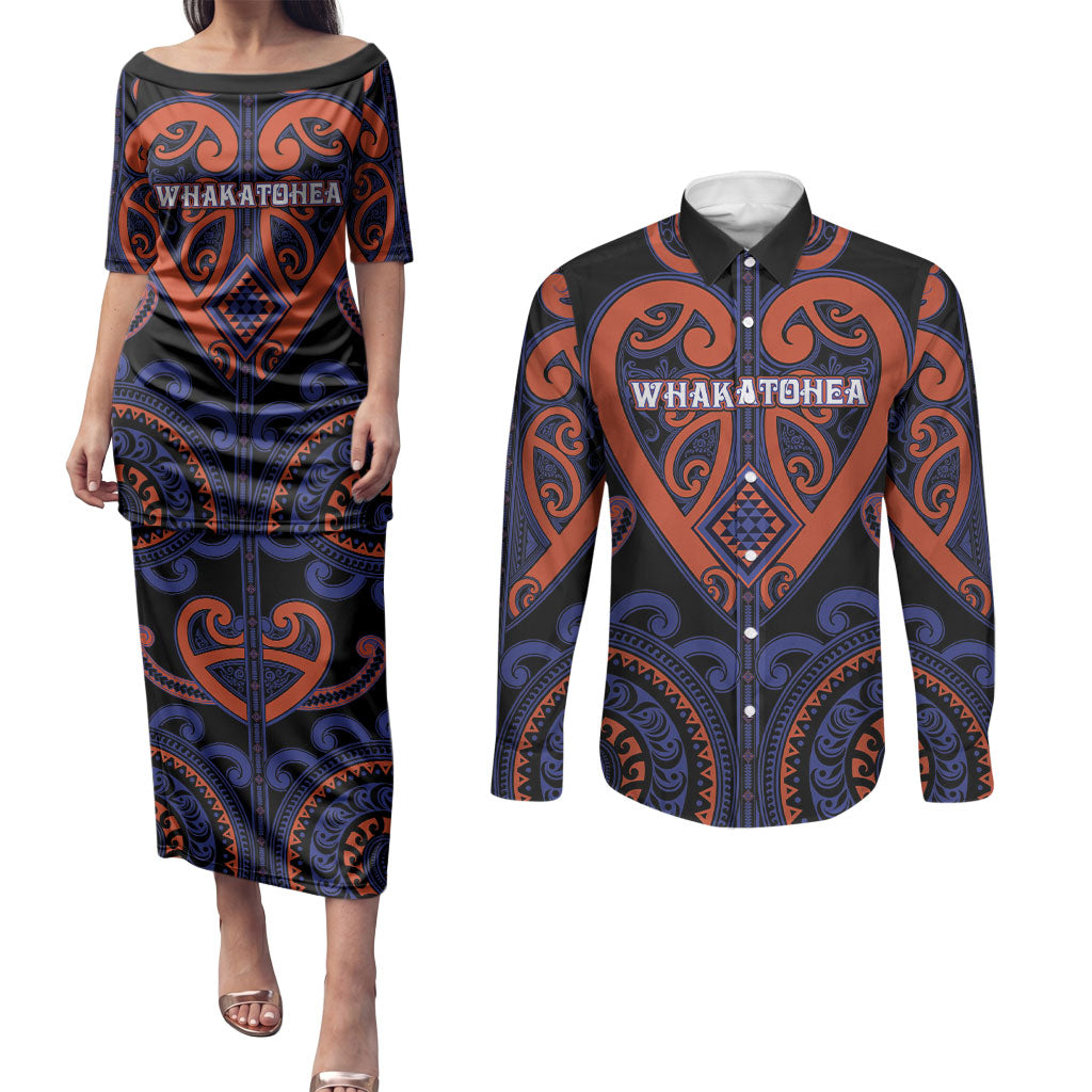 Custom Aotearoa Whakatohea Couples Matching Puletasi and Long Sleeve Button Shirt Maori Tribal Pattern