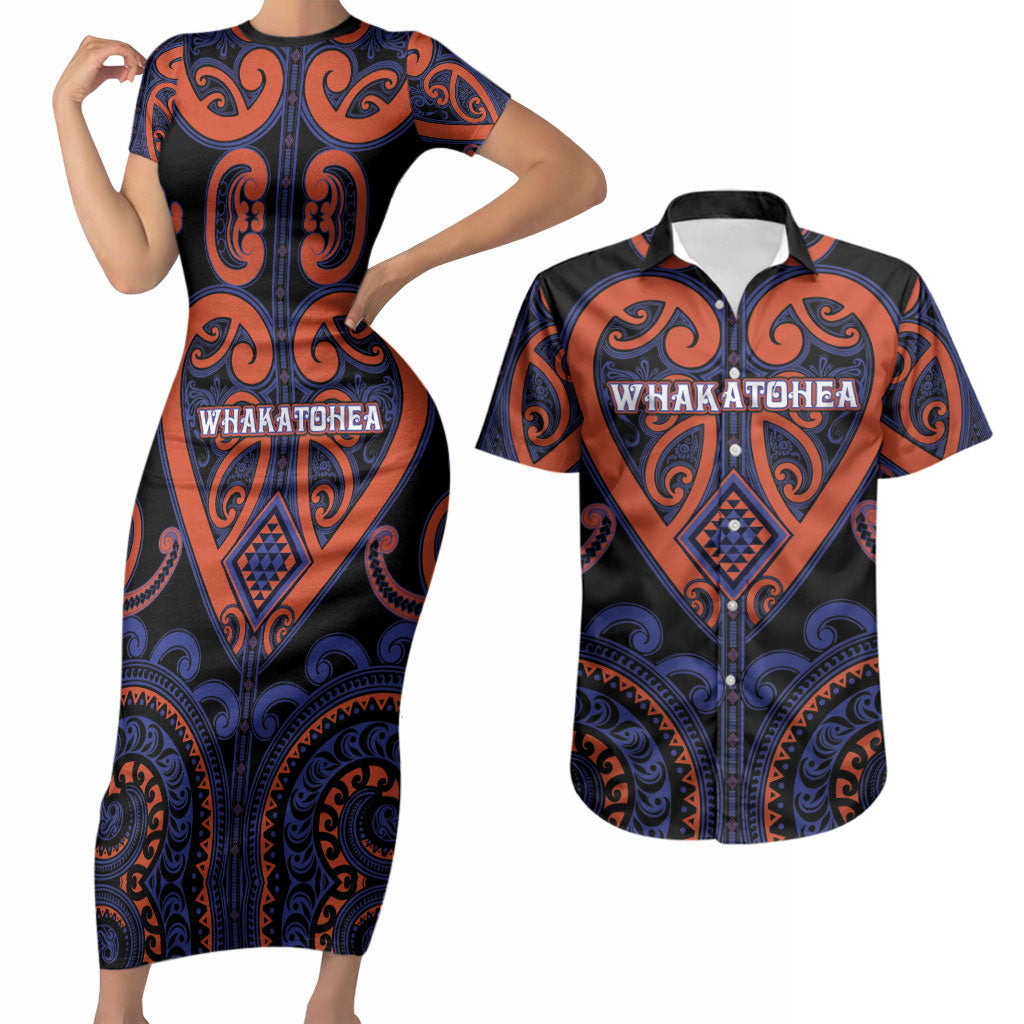 Custom Aotearoa Whakatohea Couples Matching Short Sleeve Bodycon Dress and Hawaiian Shirt Maori Tribal Pattern