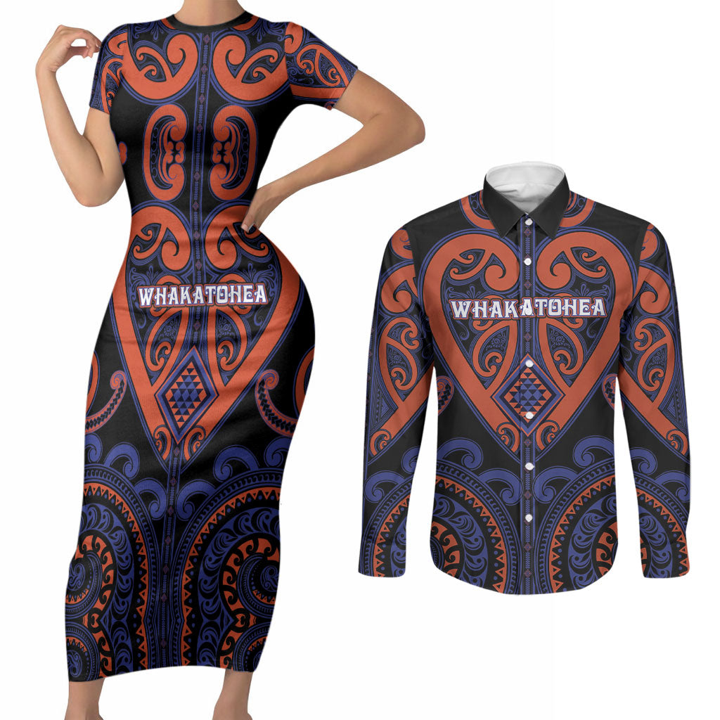 Custom Aotearoa Whakatohea Couples Matching Short Sleeve Bodycon Dress and Long Sleeve Button Shirt Maori Tribal Pattern