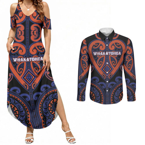 Custom Aotearoa Whakatohea Couples Matching Summer Maxi Dress and Long Sleeve Button Shirt Maori Tribal Pattern