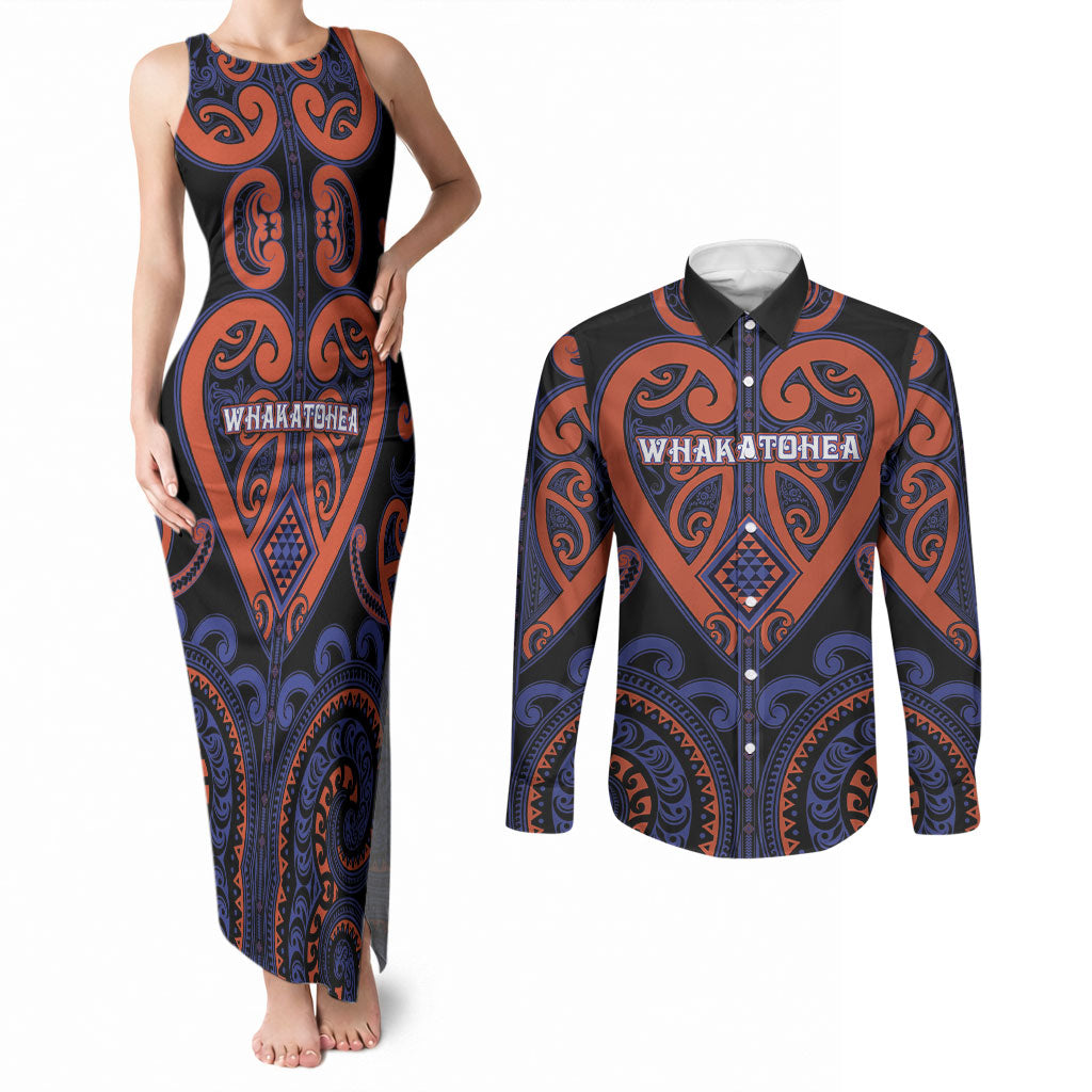Custom Aotearoa Whakatohea Couples Matching Tank Maxi Dress and Long Sleeve Button Shirt Maori Tribal Pattern