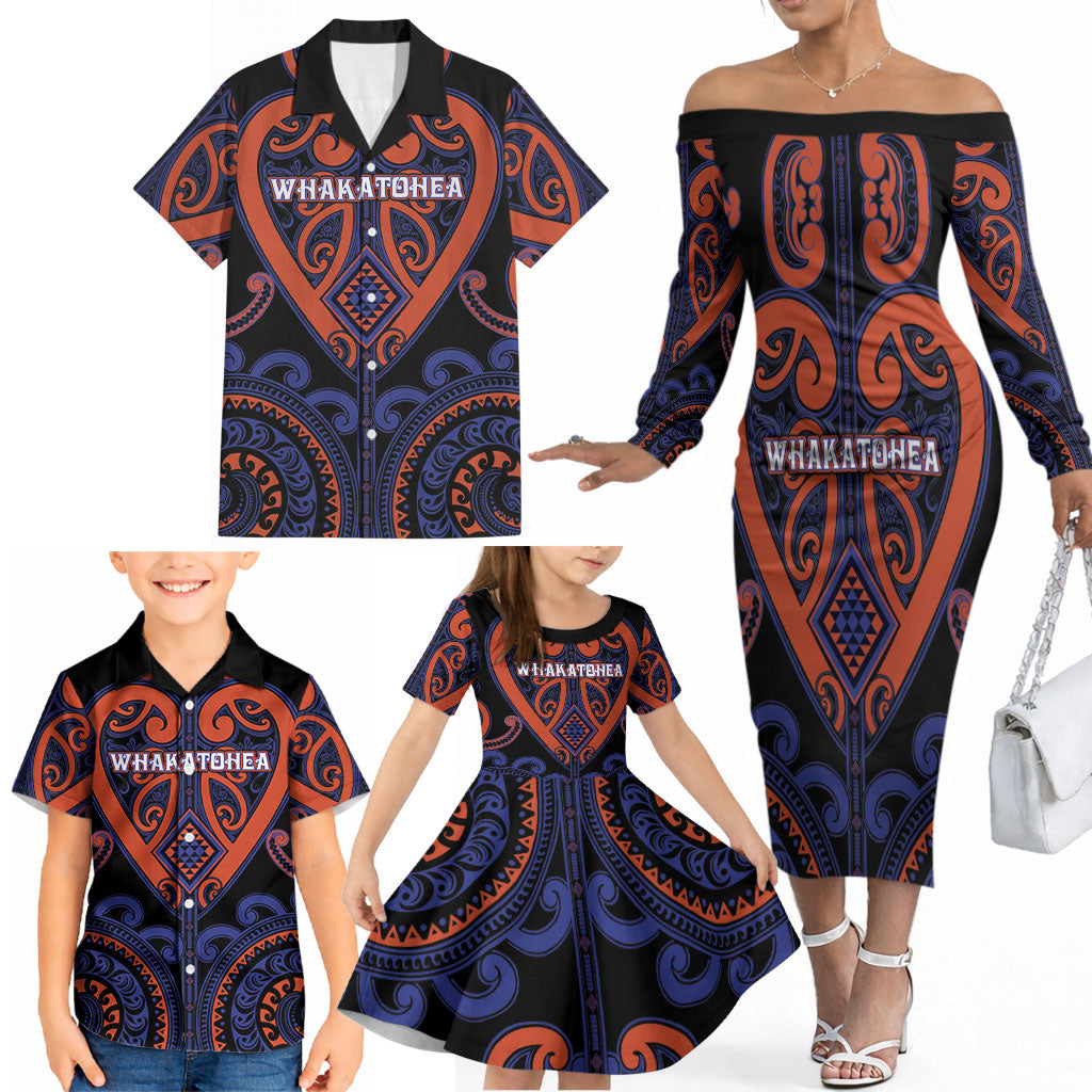 Custom Aotearoa Whakatohea Family Matching Off The Shoulder Long Sleeve Dress and Hawaiian Shirt Maori Tribal Pattern