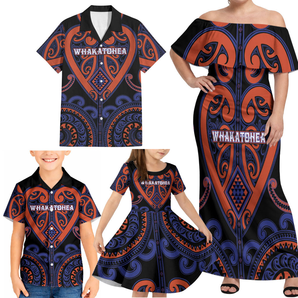Custom Aotearoa Whakatohea Family Matching Off Shoulder Maxi Dress and Hawaiian Shirt Maori Tribal Pattern
