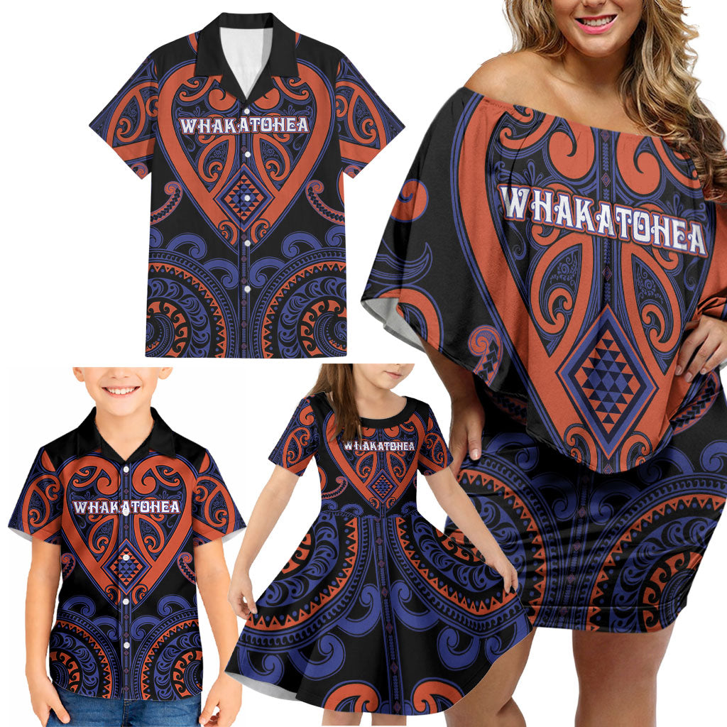 Custom Aotearoa Whakatohea Family Matching Off Shoulder Short Dress and Hawaiian Shirt Maori Tribal Pattern