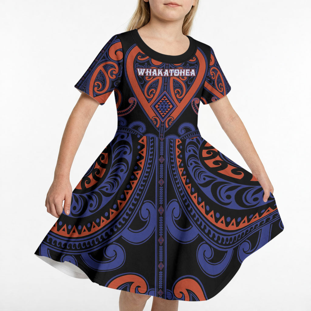 Custom Aotearoa Whakatohea Kid Short Sleeve Dress Maori Tribal Pattern
