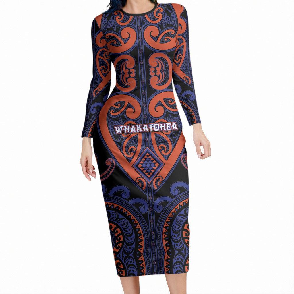 Custom Aotearoa Whakatohea Long Sleeve Bodycon Dress Maori Tribal Pattern