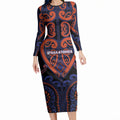 Custom Aotearoa Whakatohea Long Sleeve Bodycon Dress Maori Tribal Pattern