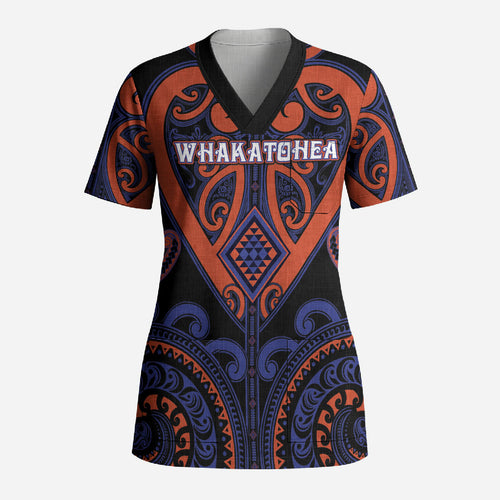 Custom Aotearoa Whakatohea Scrub Top Maori Tribal Pattern