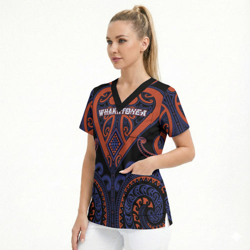 Custom Aotearoa Whakatohea Scrub Top Maori Tribal Pattern