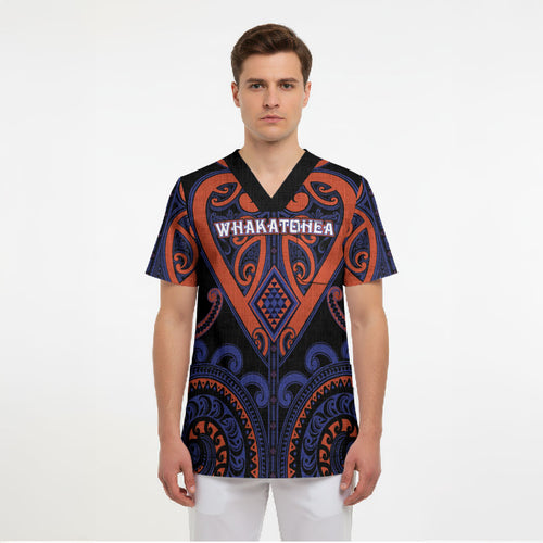 Custom Aotearoa Whakatohea Scrub Top Maori Tribal Pattern