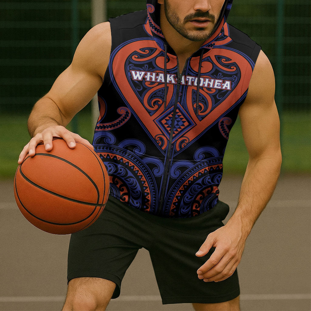 Custom Aotearoa Whakatohea Sleeveless Zip Hoodie Maori Tribal Pattern