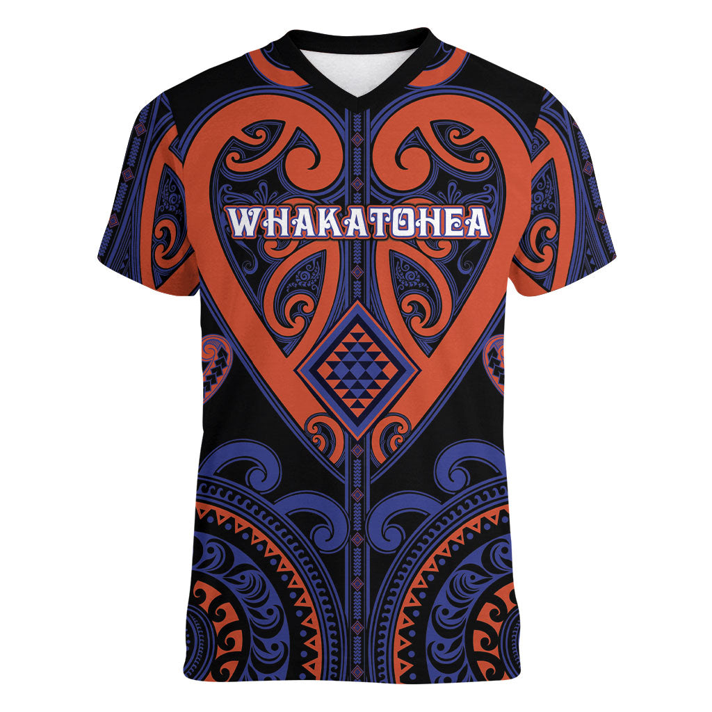 Custom Aotearoa Whakatohea Women V-Neck T-Shirt Maori Tribal Pattern