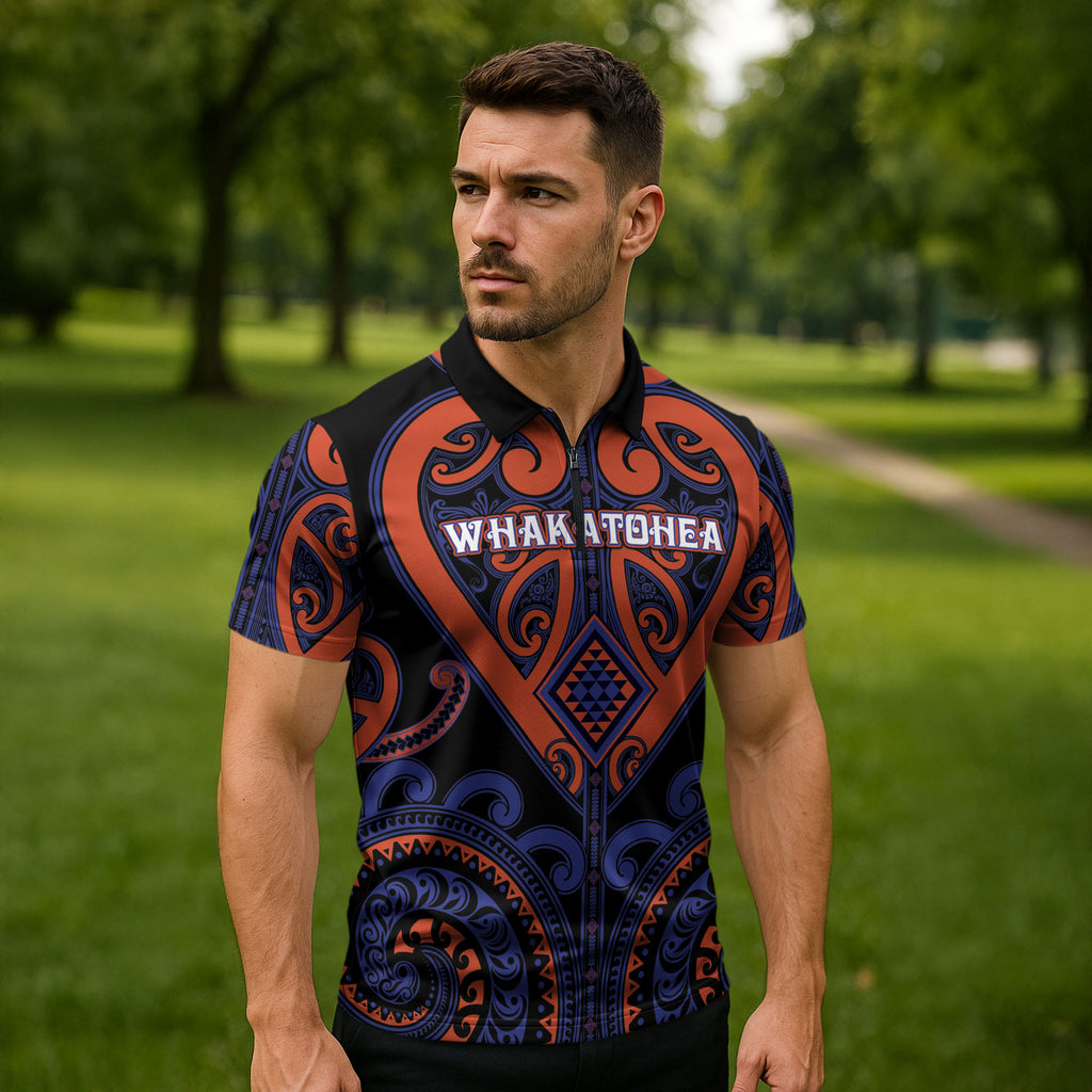 Custom Aotearoa Whakatohea Zipper Polo Shirt Maori Tribal Pattern