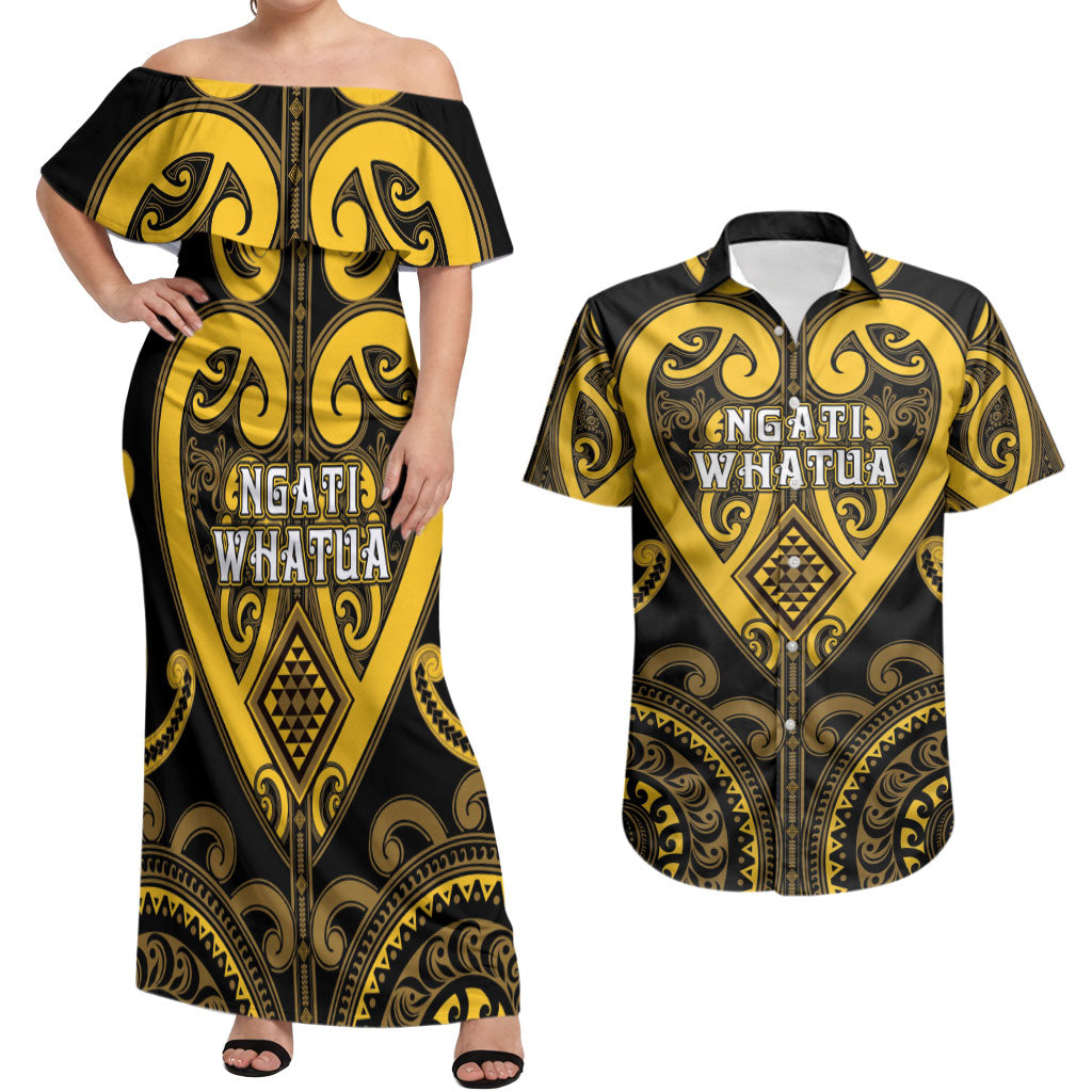 Custom Aotearoa Ngati Whatua Couples Matching Off Shoulder Maxi Dress and Hawaiian Shirt Maori Tribal Pattern