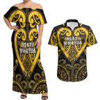 Custom Aotearoa Ngati Whatua Couples Matching Off Shoulder Maxi Dress and Hawaiian Shirt Maori Tribal Pattern