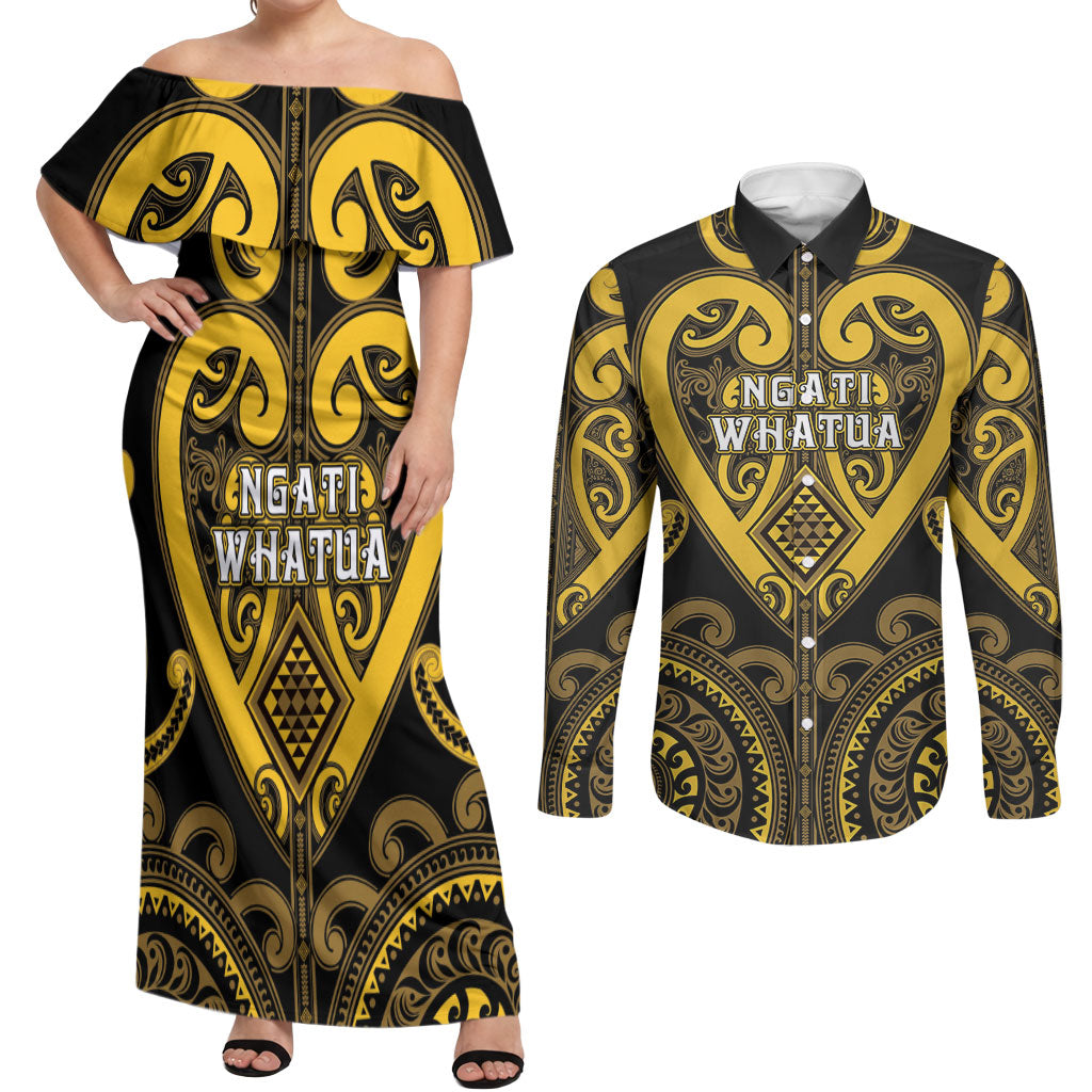 Custom Aotearoa Ngati Whatua Couples Matching Off Shoulder Maxi Dress and Long Sleeve Button Shirt Maori Tribal Pattern