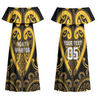 Custom Aotearoa Ngati Whatua Couples Matching Off Shoulder Maxi Dress and Long Sleeve Button Shirt Maori Tribal Pattern