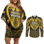 Custom Aotearoa Ngati Whatua Couples Matching Off Shoulder Short Dress and Long Sleeve Button Shirt Maori Tribal Pattern