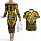 Custom Aotearoa Ngati Whatua Couples Matching Off The Shoulder Long Sleeve Dress and Hawaiian Shirt Maori Tribal Pattern
