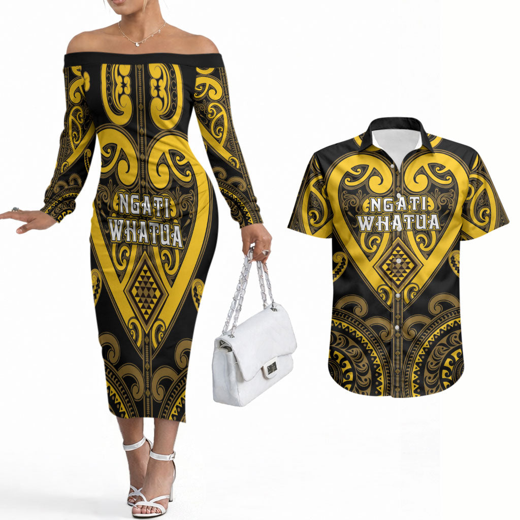 Custom Aotearoa Ngati Whatua Couples Matching Off The Shoulder Long Sleeve Dress and Hawaiian Shirt Maori Tribal Pattern