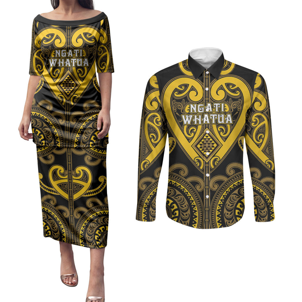 Custom Aotearoa Ngati Whatua Couples Matching Puletasi and Long Sleeve Button Shirt Maori Tribal Pattern