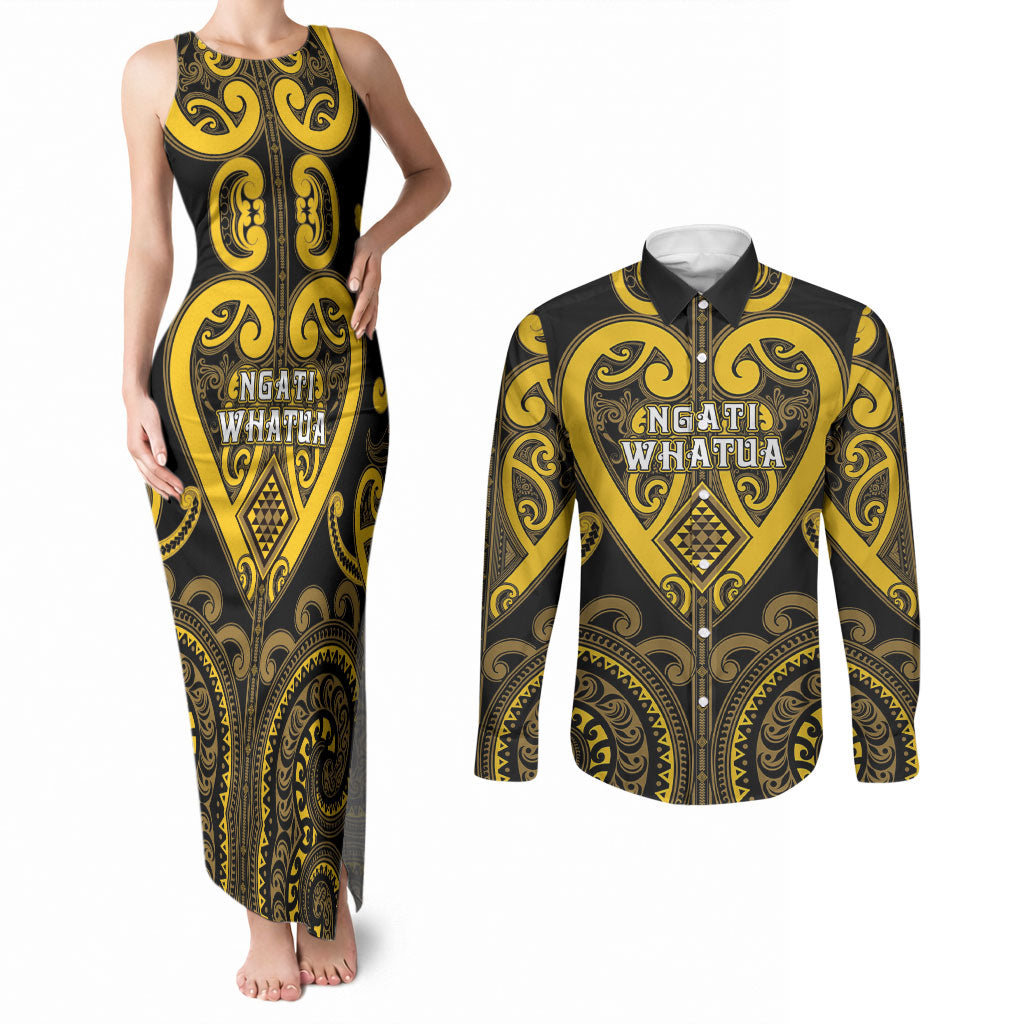 Custom Aotearoa Ngati Whatua Couples Matching Tank Maxi Dress and Long Sleeve Button Shirt Maori Tribal Pattern