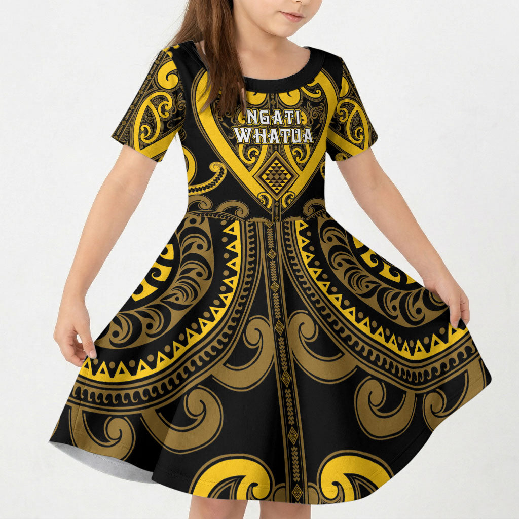 Custom Aotearoa Ngati Whatua Kid Short Sleeve Dress Maori Tribal Pattern