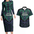 Custom Aotearoa Ngati Pikiao Couples Matching Long Sleeve Bodycon Dress and Hawaiian Shirt Maori Tribal Pattern