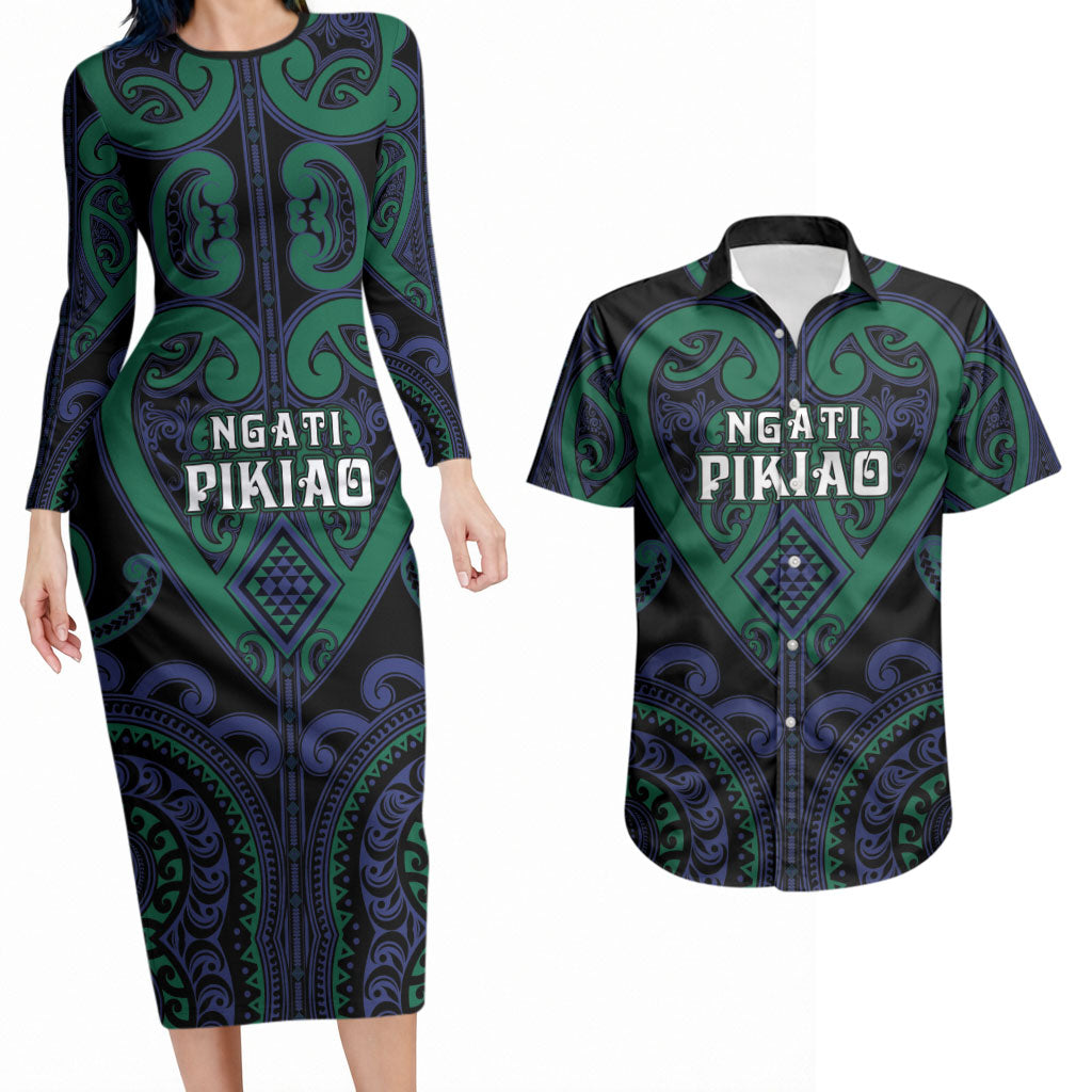 Custom Aotearoa Ngati Pikiao Couples Matching Long Sleeve Bodycon Dress and Hawaiian Shirt Maori Tribal Pattern