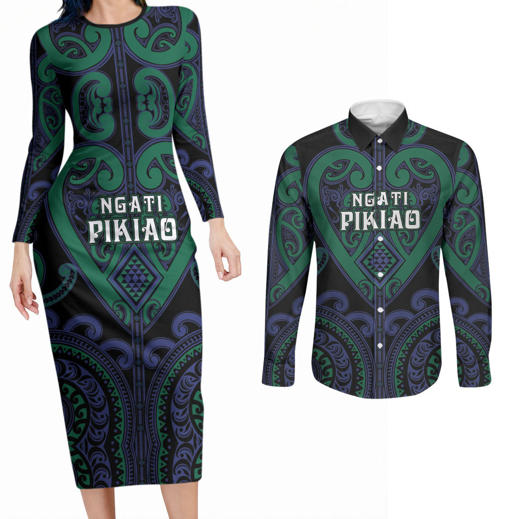Custom Aotearoa Ngati Pikiao Couples Matching Long Sleeve Bodycon Dress and Long Sleeve Button Shirt Maori Tribal Pattern