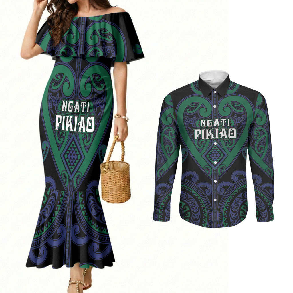 Custom Aotearoa Ngati Pikiao Couples Matching Mermaid Dress and Long Sleeve Button Shirt Maori Tribal Pattern