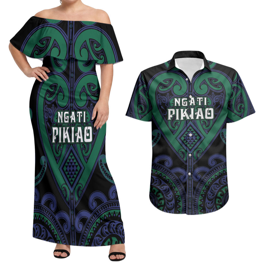 Custom Aotearoa Ngati Pikiao Couples Matching Off Shoulder Maxi Dress and Hawaiian Shirt Maori Tribal Pattern