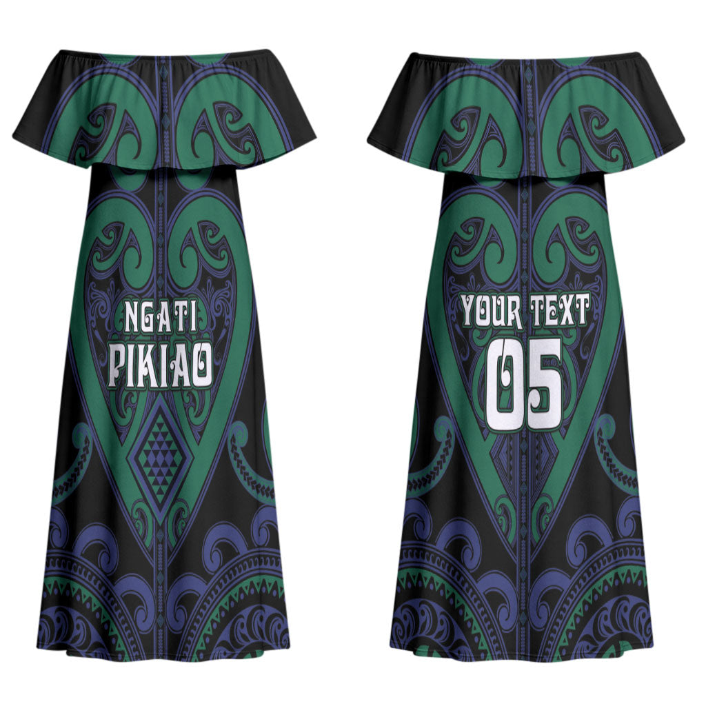 Custom Aotearoa Ngati Pikiao Couples Matching Off Shoulder Maxi Dress and Long Sleeve Button Shirt Maori Tribal Pattern