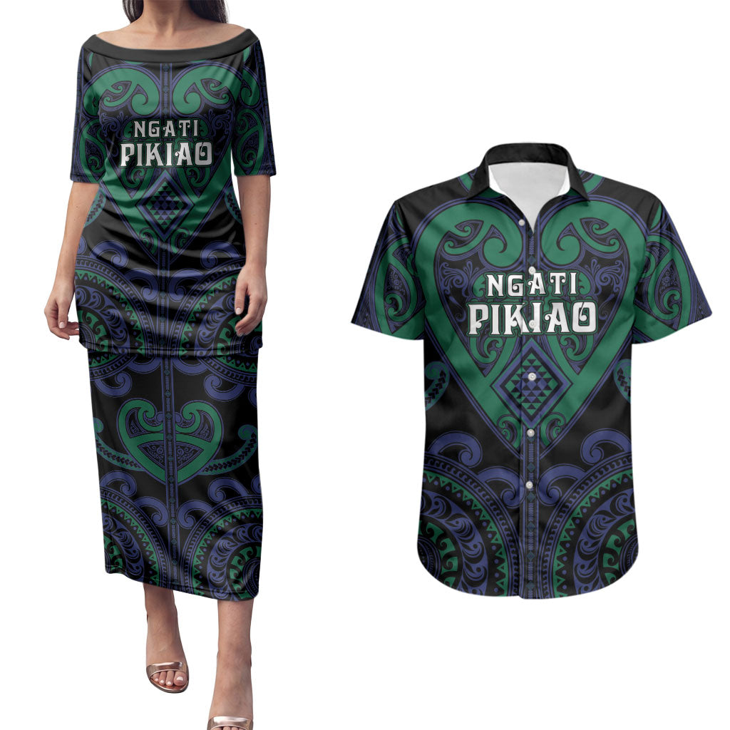 Custom Aotearoa Ngati Pikiao Couples Matching Puletasi and Hawaiian Shirt Maori Tribal Pattern