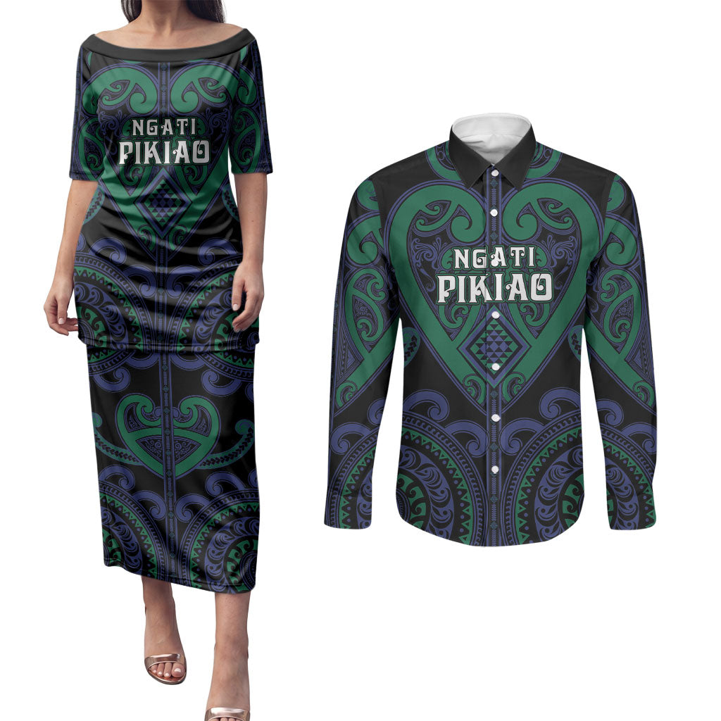 Custom Aotearoa Ngati Pikiao Couples Matching Puletasi and Long Sleeve Button Shirt Maori Tribal Pattern
