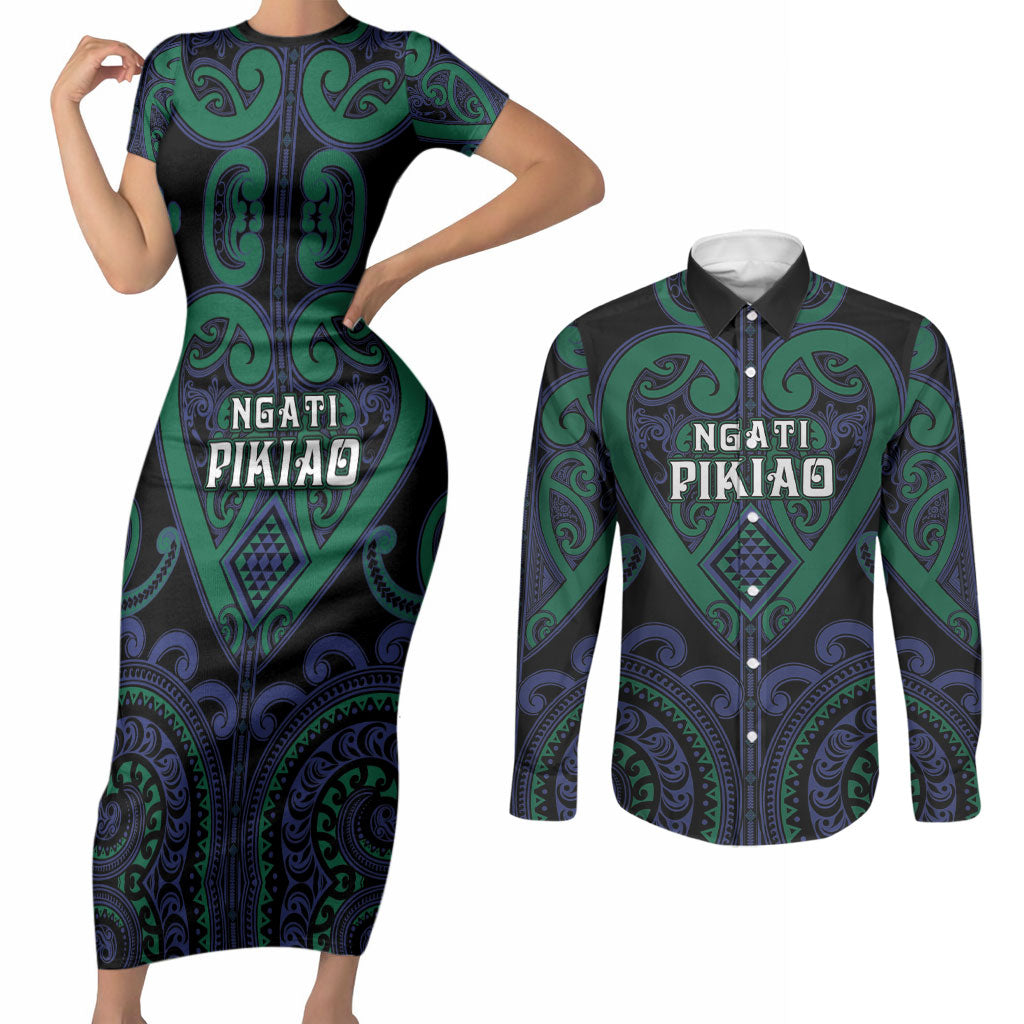 Custom Aotearoa Ngati Pikiao Couples Matching Short Sleeve Bodycon Dress and Long Sleeve Button Shirt Maori Tribal Pattern