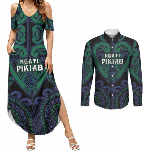 Custom Aotearoa Ngati Pikiao Couples Matching Summer Maxi Dress and Long Sleeve Button Shirt Maori Tribal Pattern