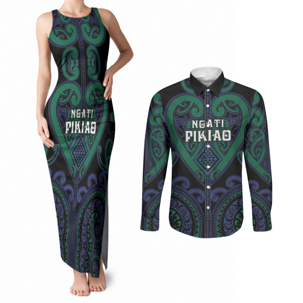 Custom Aotearoa Ngati Pikiao Couples Matching Tank Maxi Dress and Long Sleeve Button Shirt Maori Tribal Pattern